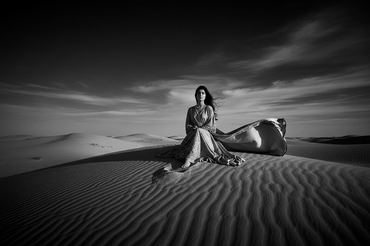 Black and White Kaftan Desert Seated