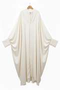 QUIET RIOT pearl white batwing abaya on white background