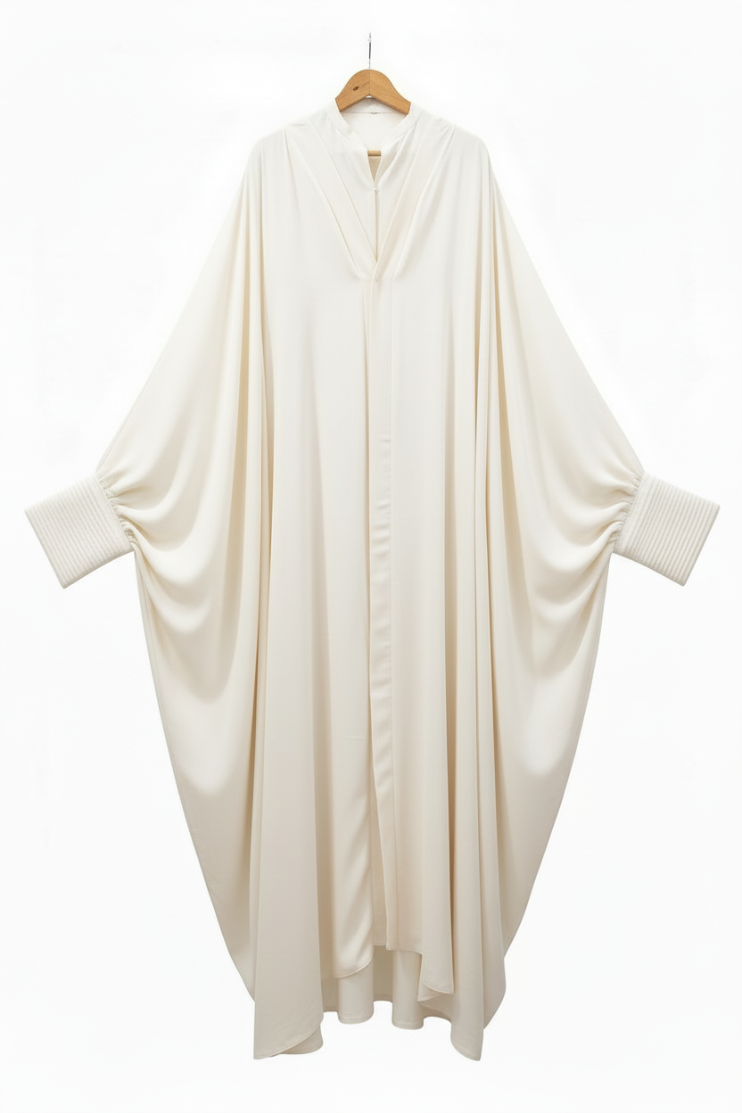 QUIET RIOT pearl white batwing abaya on white background