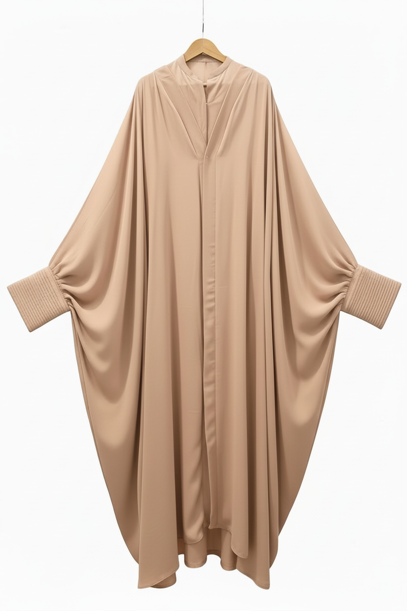 BARE AUTHORITY nude beige batwing abaya on white background
