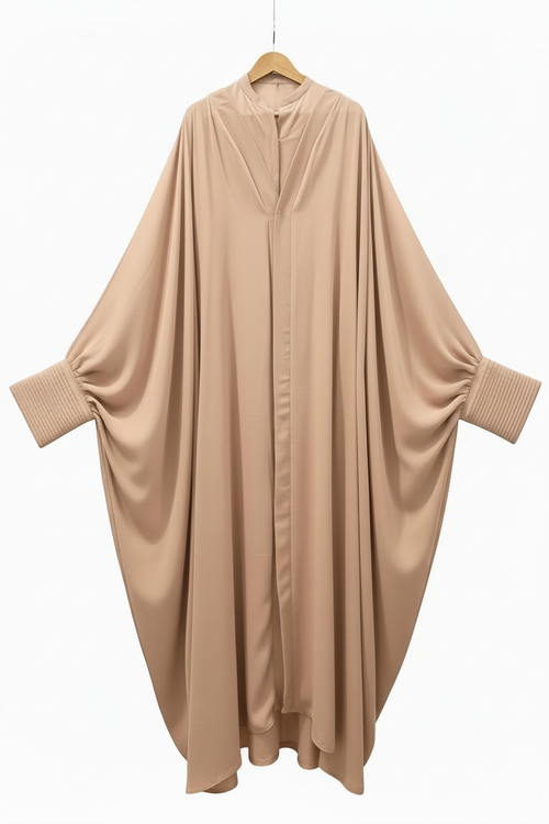 BARE AUTHORITY nude beige batwing abaya on white background