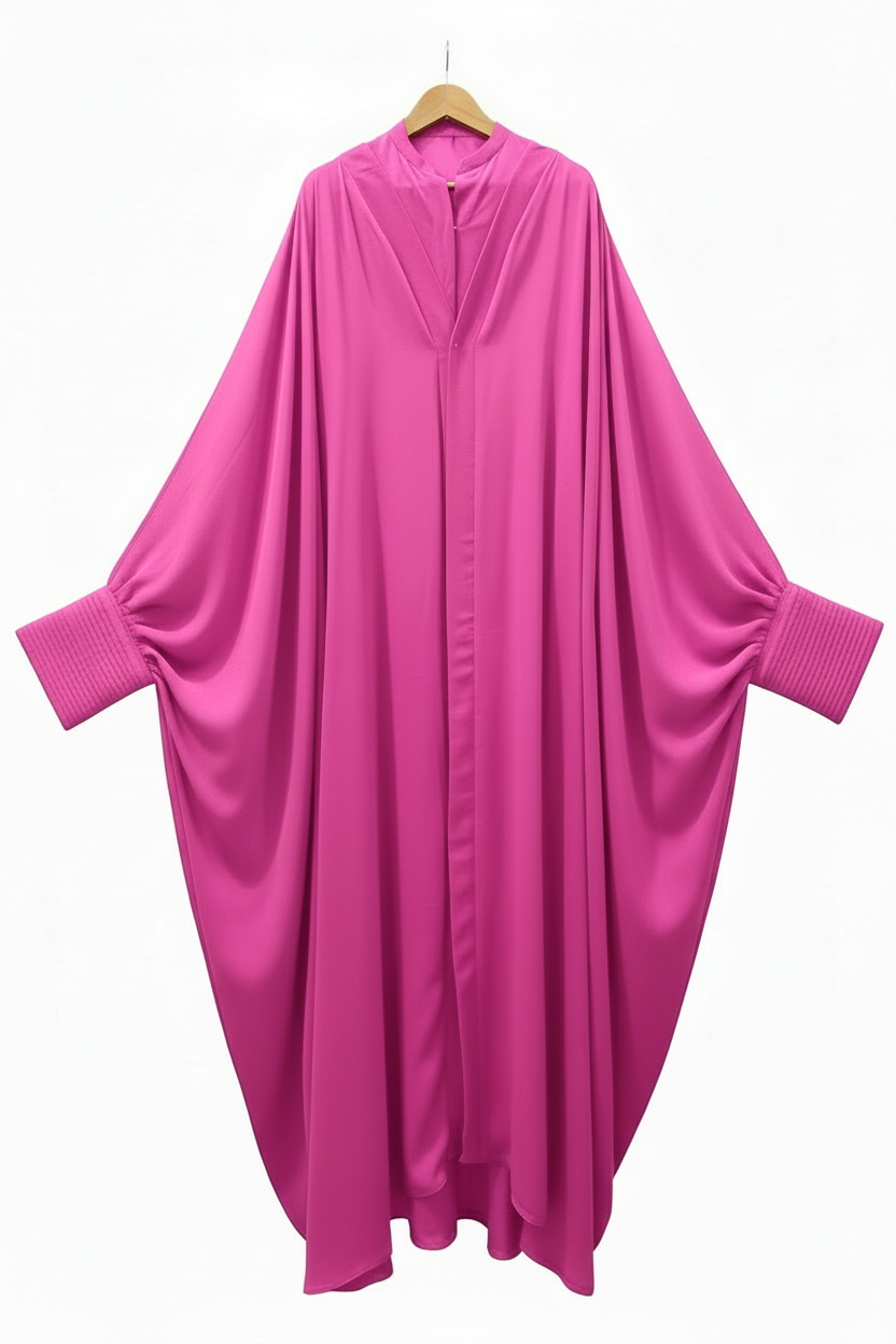 PRETTY RUTHLESS Barbie pink batwing abaya on white background